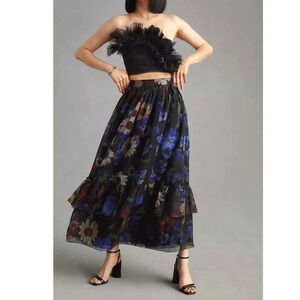 Anthropologie Geisha Designs Paras and Shalini Black Floral Tiered Maxi Skirt